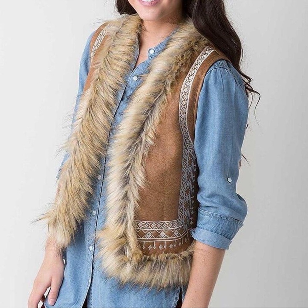 FLYING TOMATO Tan Faux Suede Faux Fur Vest